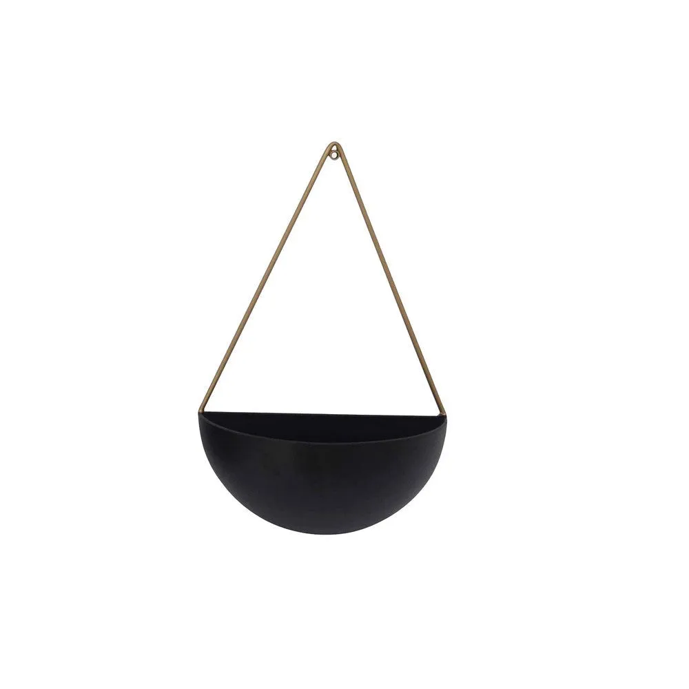 16, 18 Inch Wall Planters, Set of 2, Half Moon Shape, Gold and Black Metal By Casagear Home