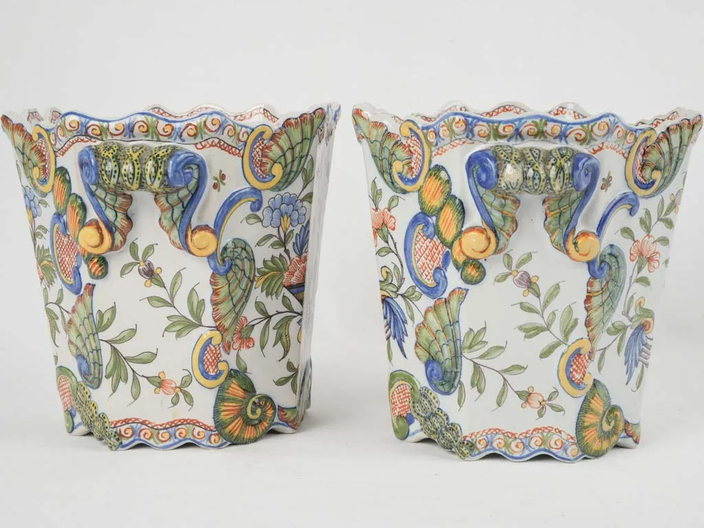 18th-century French pair of colorful hand-painted planters 7"