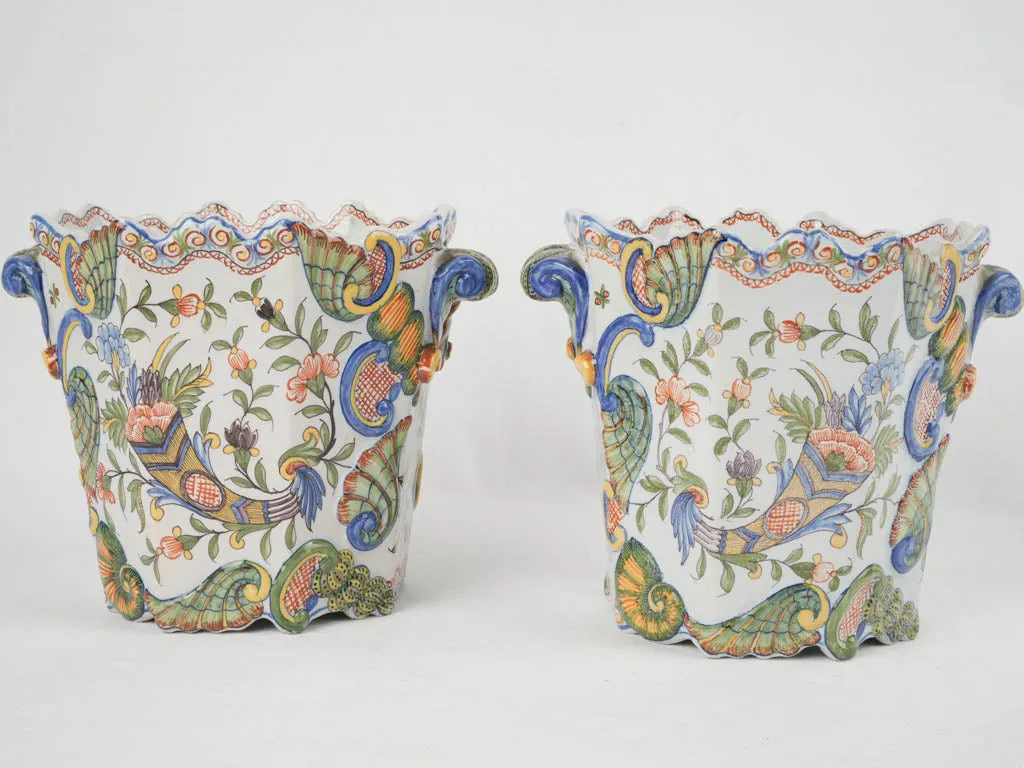 18th-century French pair of colorful hand-painted planters 7"