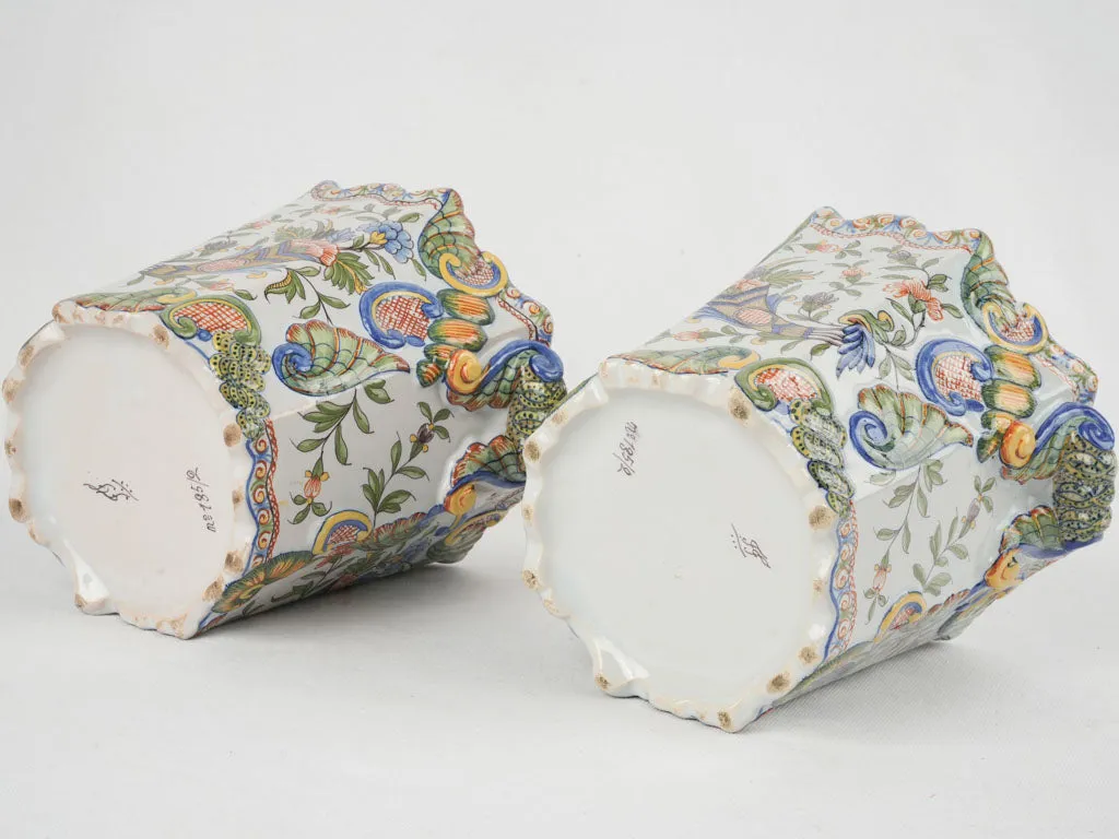 18th-century French pair of colorful hand-painted planters 7"