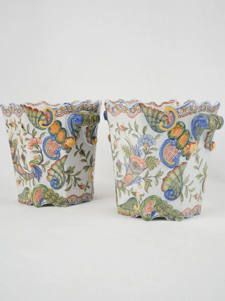 18th-century French pair of colorful hand-painted planters 7"