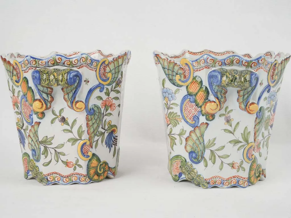 18th-century French pair of colorful hand-painted planters 7"