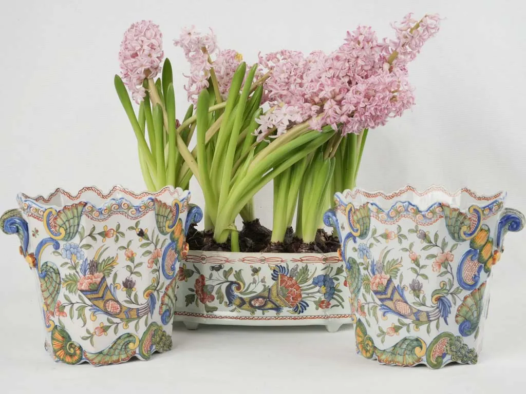 18th-century French pair of colorful hand-painted planters 7"