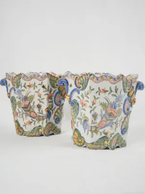 18th-century French pair of colorful hand-painted planters 7"