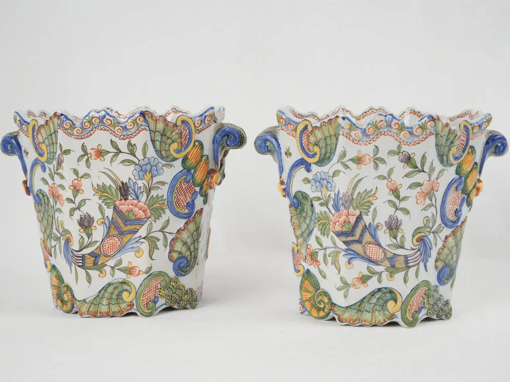 18th-century French pair of colorful hand-painted planters 7"