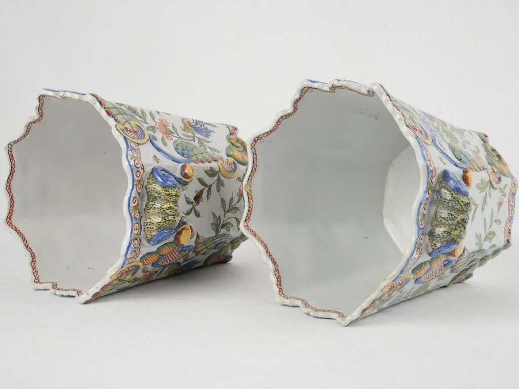 18th-century French pair of colorful hand-painted planters 7"