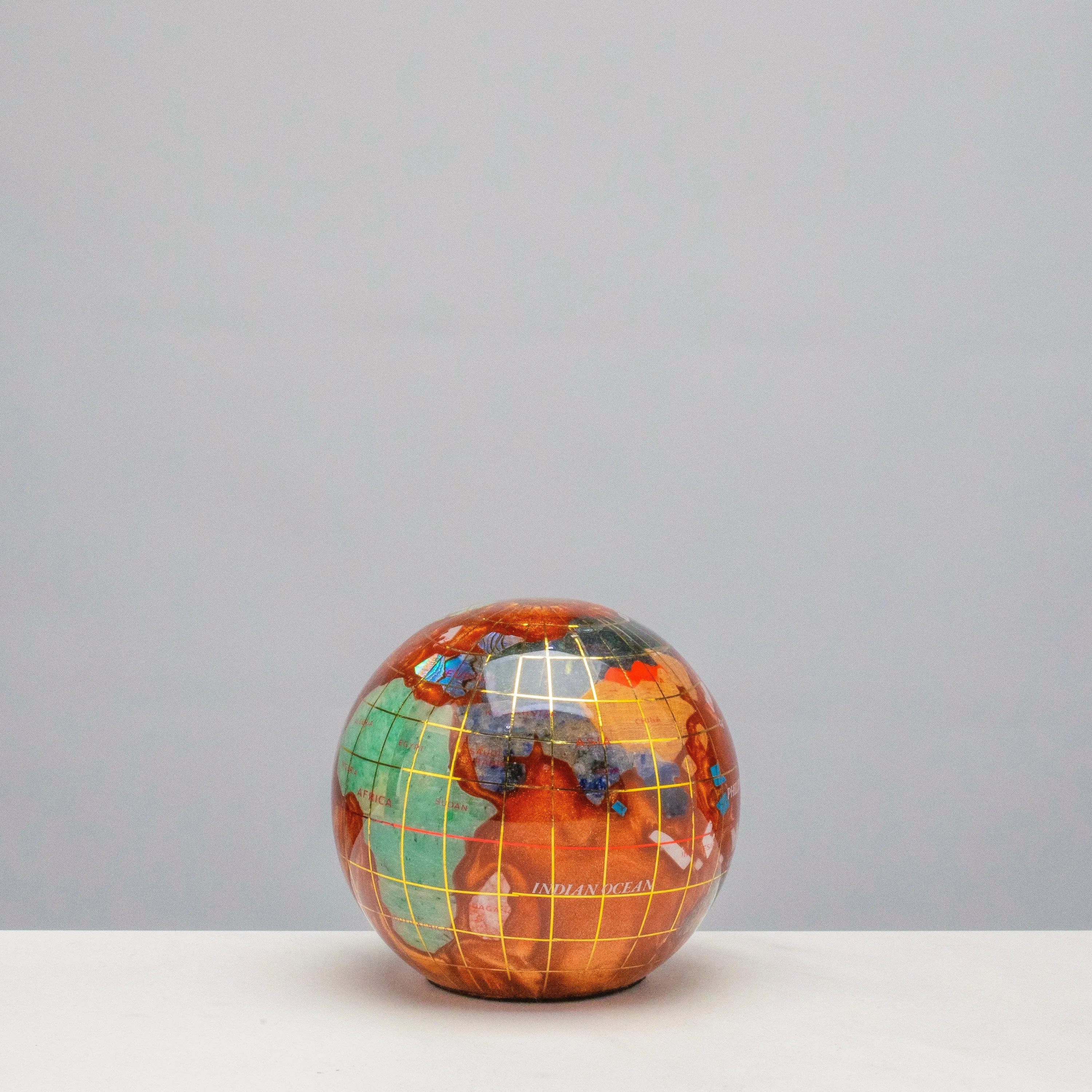 3" Gemstone Globe Paperweight with Copper Amber Opalite Ocean