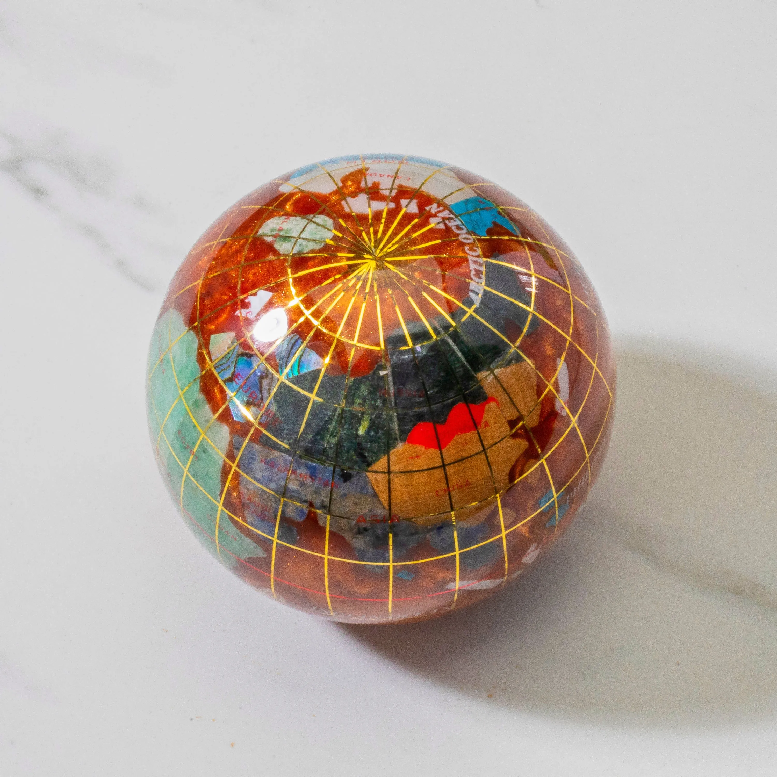 3" Gemstone Globe Paperweight with Copper Amber Opalite Ocean
