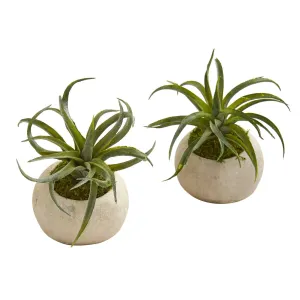 7” Air Plant Succulent Artificial Plant in Stone Planter (Set of 2)