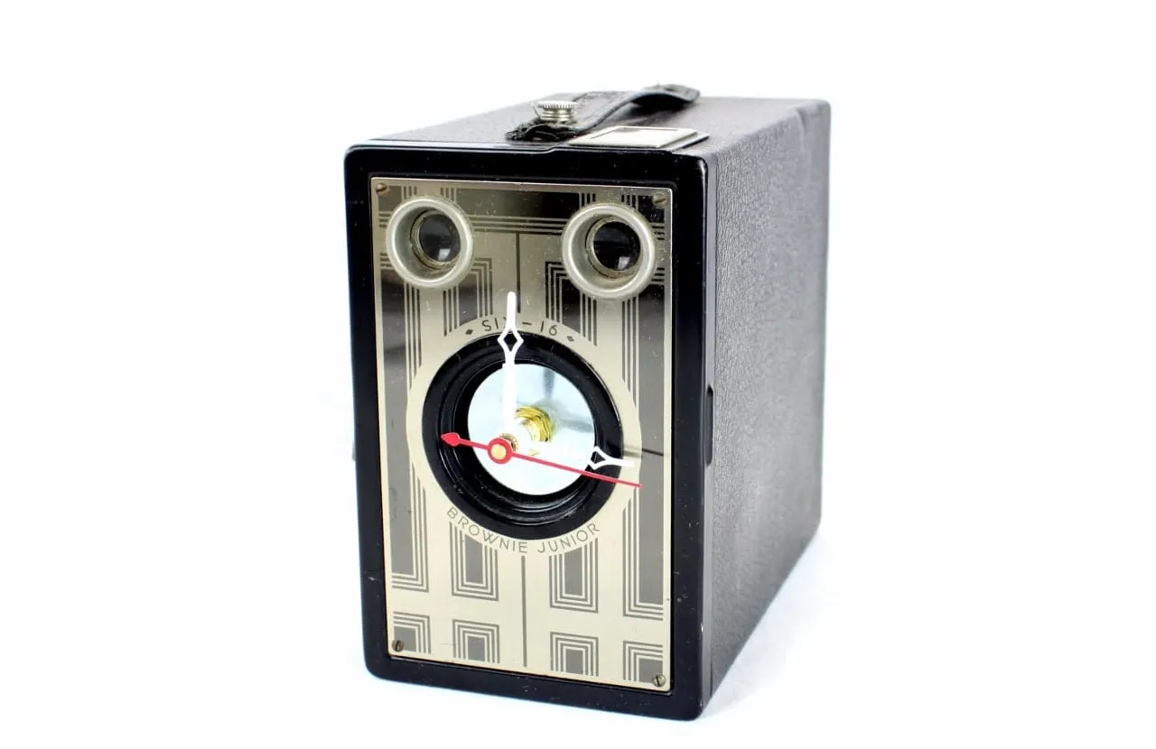 Art Deco Vintage Brownie Target Six-16 Camera Clock, upcycled, reuse, desk clock, office, fire mantel, antique tabletop clock
