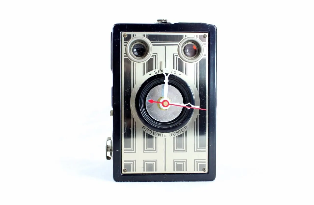 Art Deco Vintage Brownie Target Six-16 Camera Clock, upcycled, reuse, desk clock, office, fire mantel, antique tabletop clock