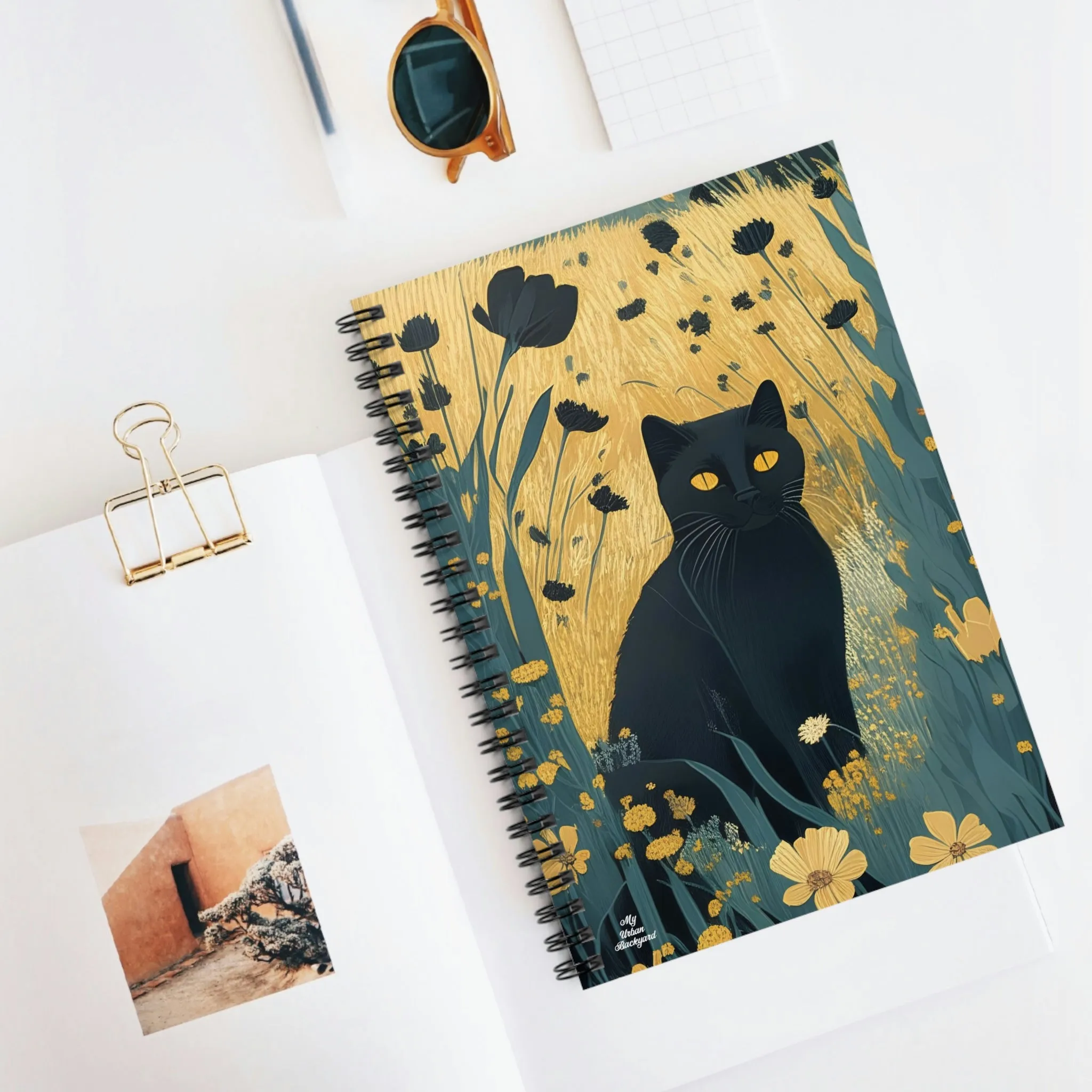 Black Cat with Black Flowers, Spiral Notebook Journal - Write in Style