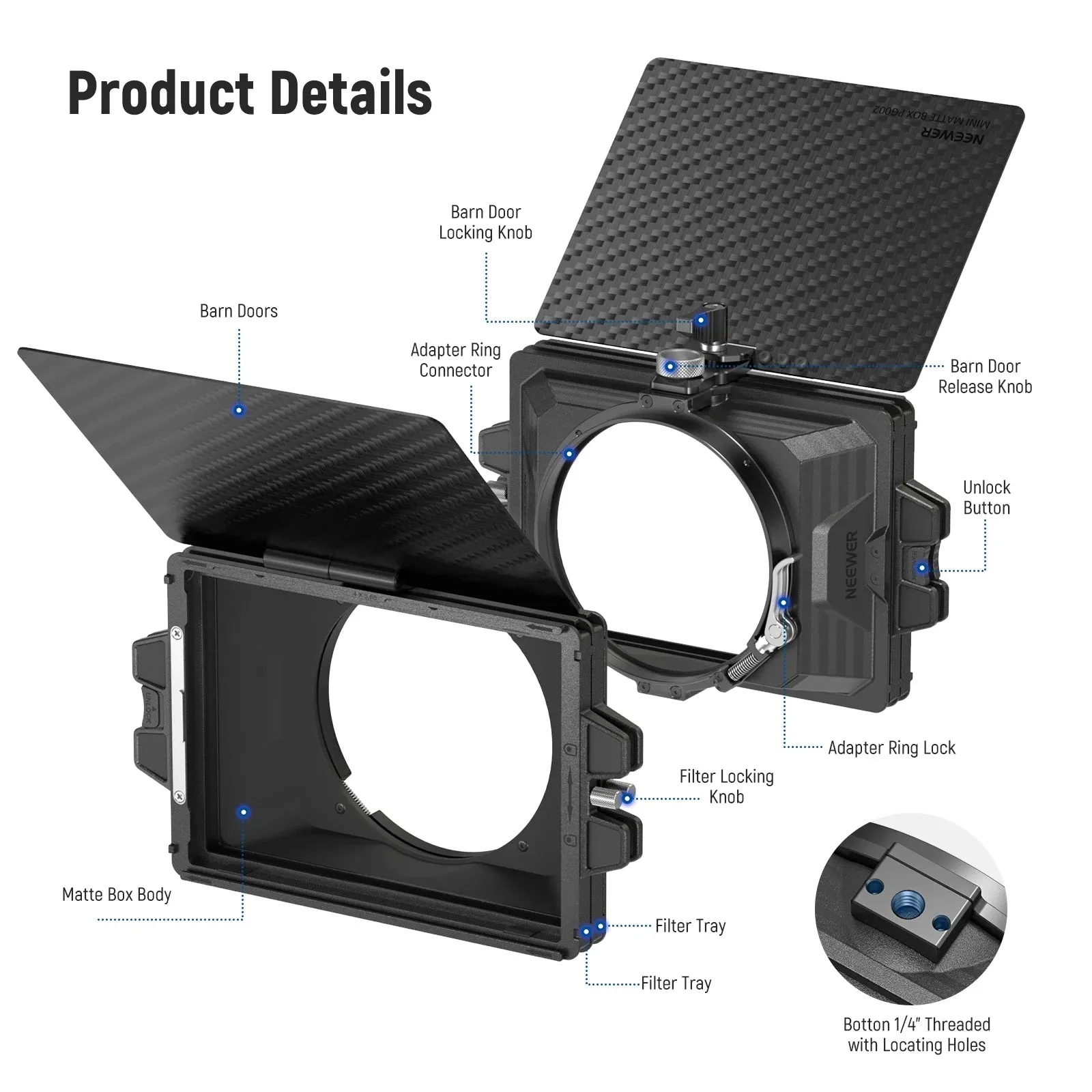 Carbon Fiber Mini Matte Box with 2 Filter Trays & 4 Lens Ring Adapters 67/72/77/82mm