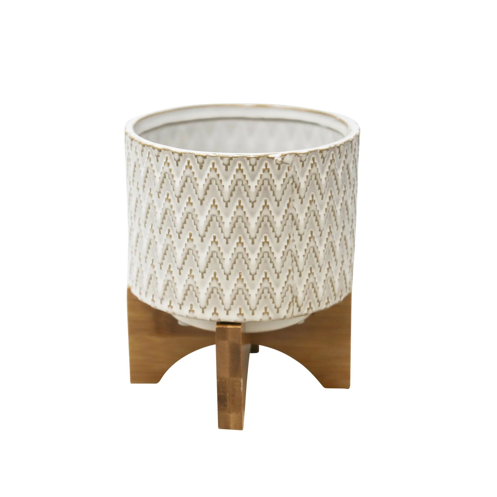 Ceramic 6" Planter On Stand, White/Tan