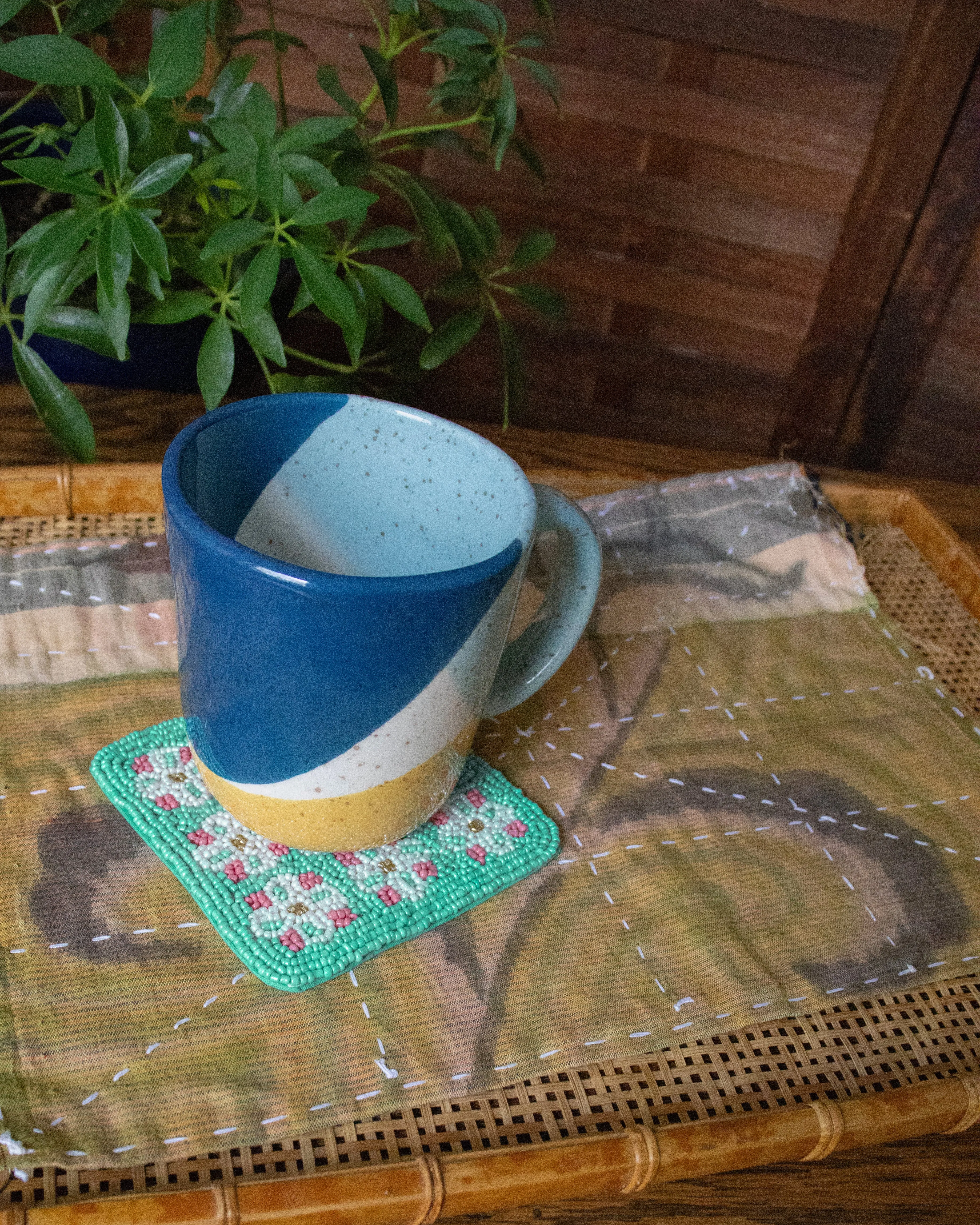 Coaster, Bisque, Beaded Flower Pattern Mint