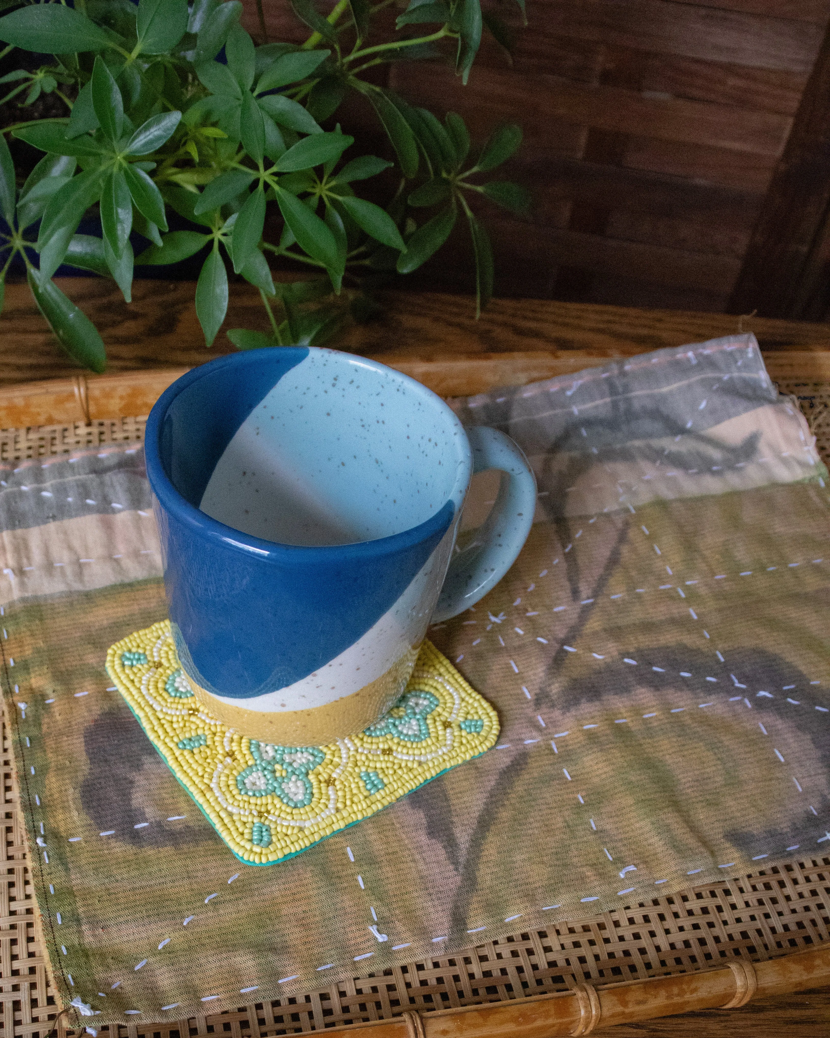 Coaster, Bisque, Beaded Flower Pattern Yellow