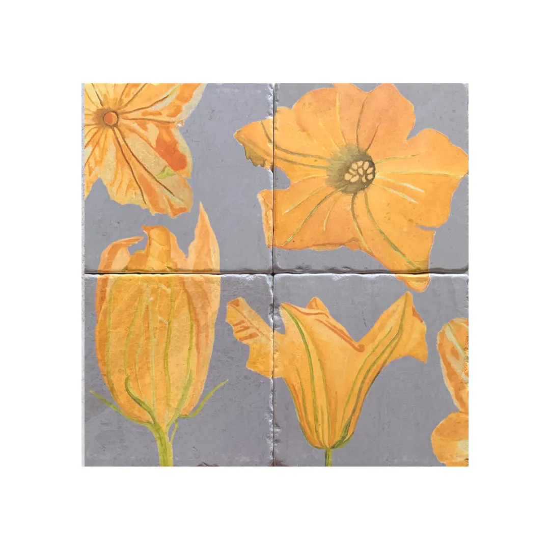 Coaster Set of 4 - Pumpkin Flowers on Grey