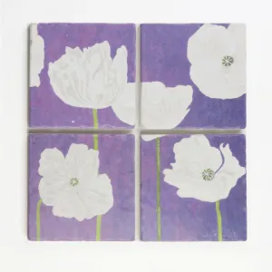 Coaster Set of 4 - White Poppies on Purple