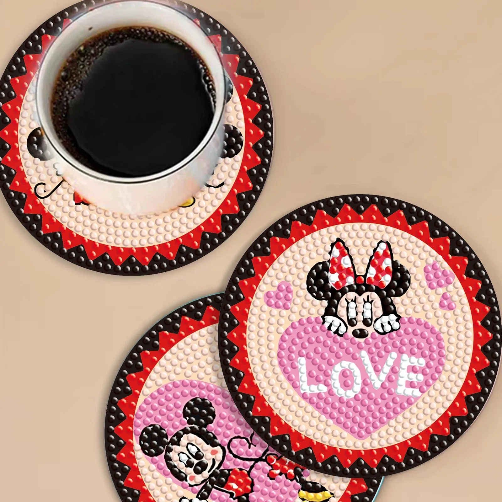 DIY Cartoon Diamond Art Coasters, 6 Piece Set With Holder, Round Diamonds