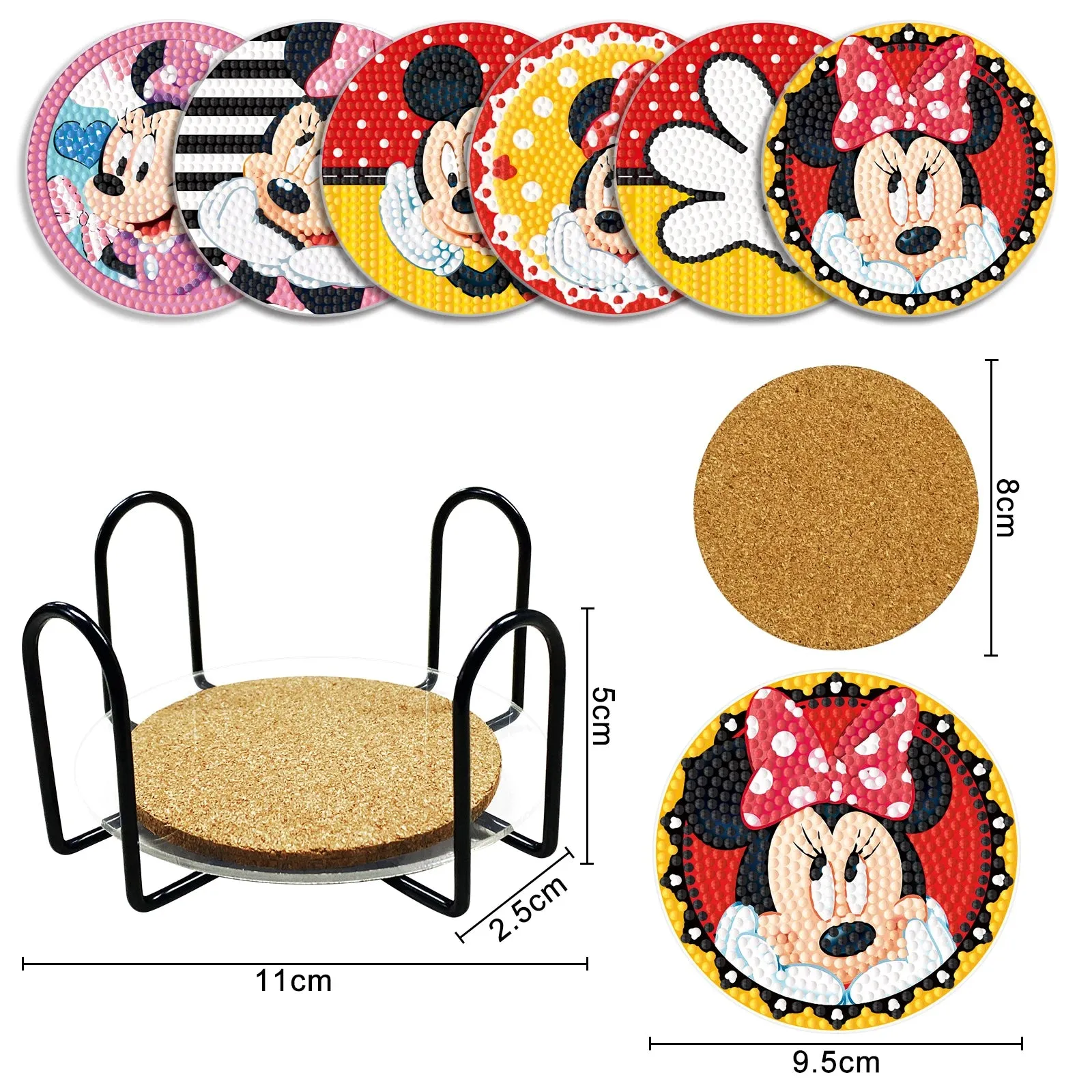DIY Cartoon Diamond Art Coasters, 6 Piece Set With Holder, Round Diamonds