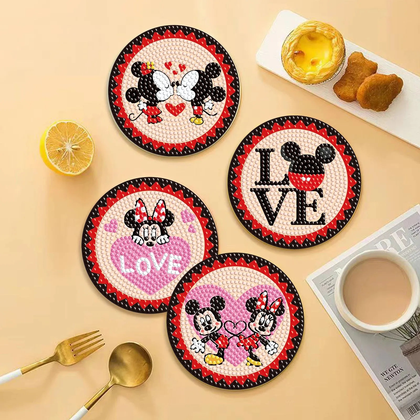 DIY Cartoon Diamond Art Coasters, 6 Piece Set With Holder, Round Diamonds