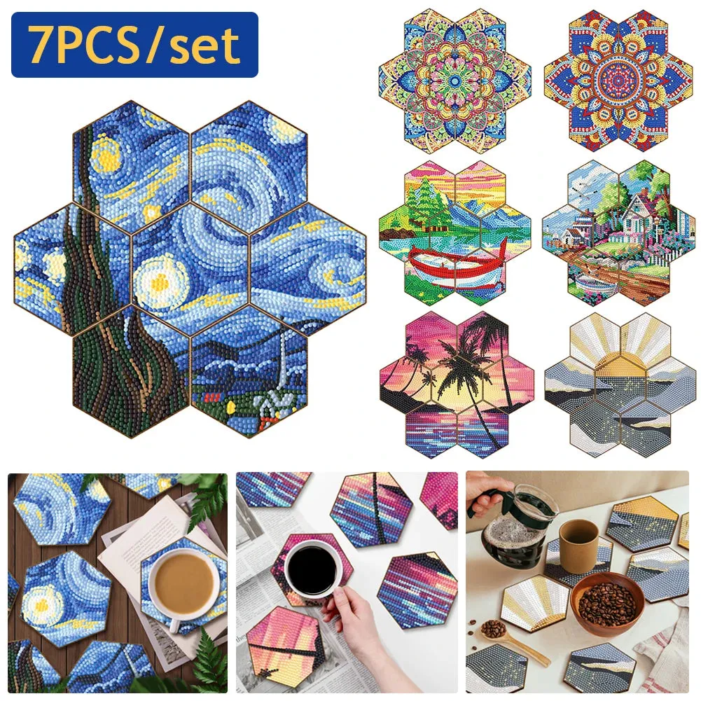 DIY Diamond Art Coasters, 7 Piece Set With Holder, Seaside Cottage Design