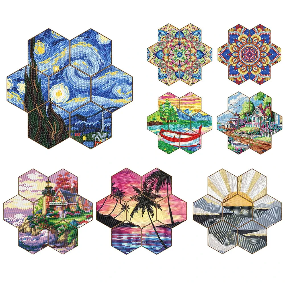 DIY Diamond Art Coasters, 7 Piece Set With Holder, Seaside Cottage Design