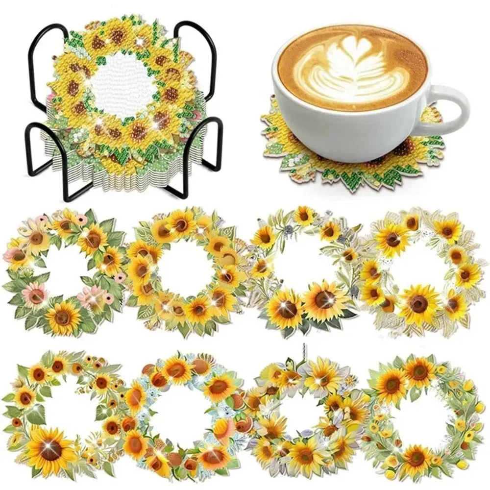 DIY Floral Diamond Art Coasters, 8 Piece Set With Holder, Sunflower Decoration