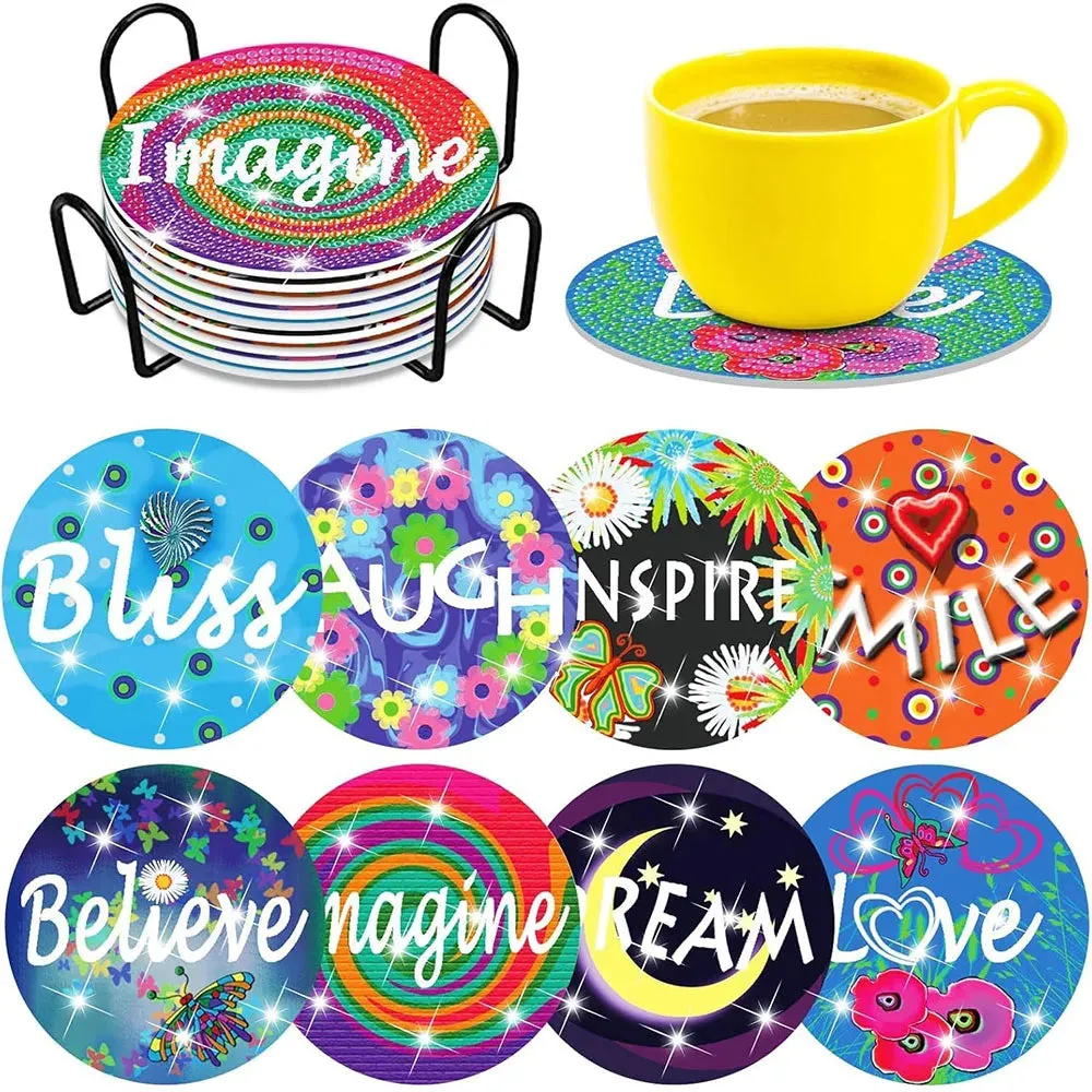 DIY Floral Diamond Art Coasters, 8 Piece Set With Holder, Sunflower Decoration
