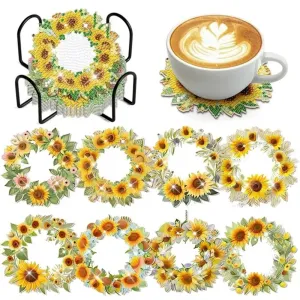 DIY Floral Diamond Art Coasters, 8 Piece Set With Holder, Sunflower Decoration