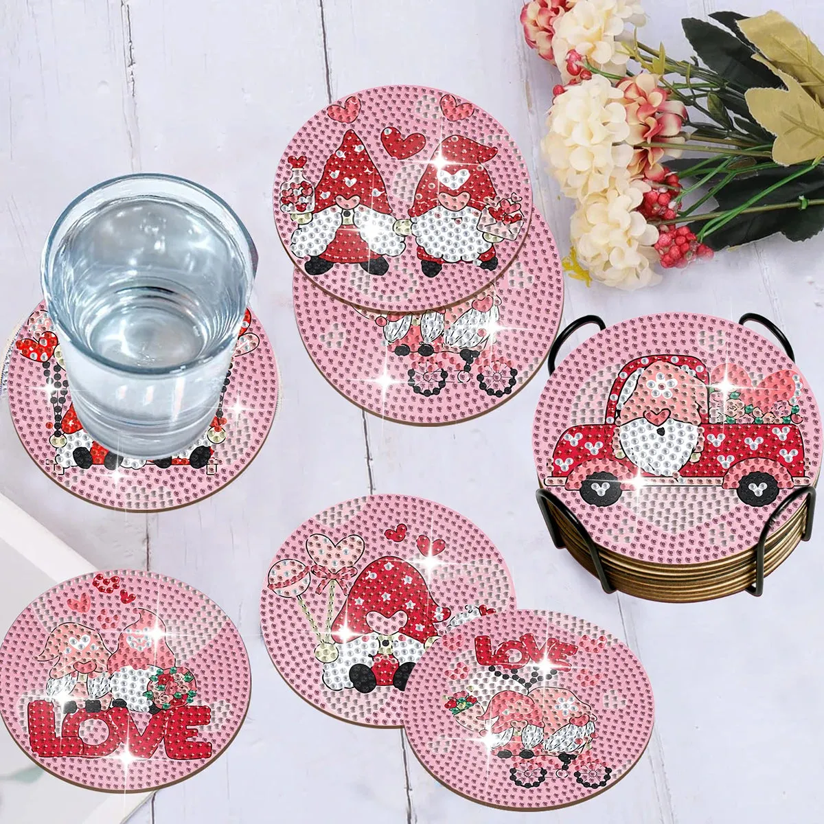 DIY Holiday Diamond Art Coasters, 8 Piece Set With Holder, Valentines Day Designs