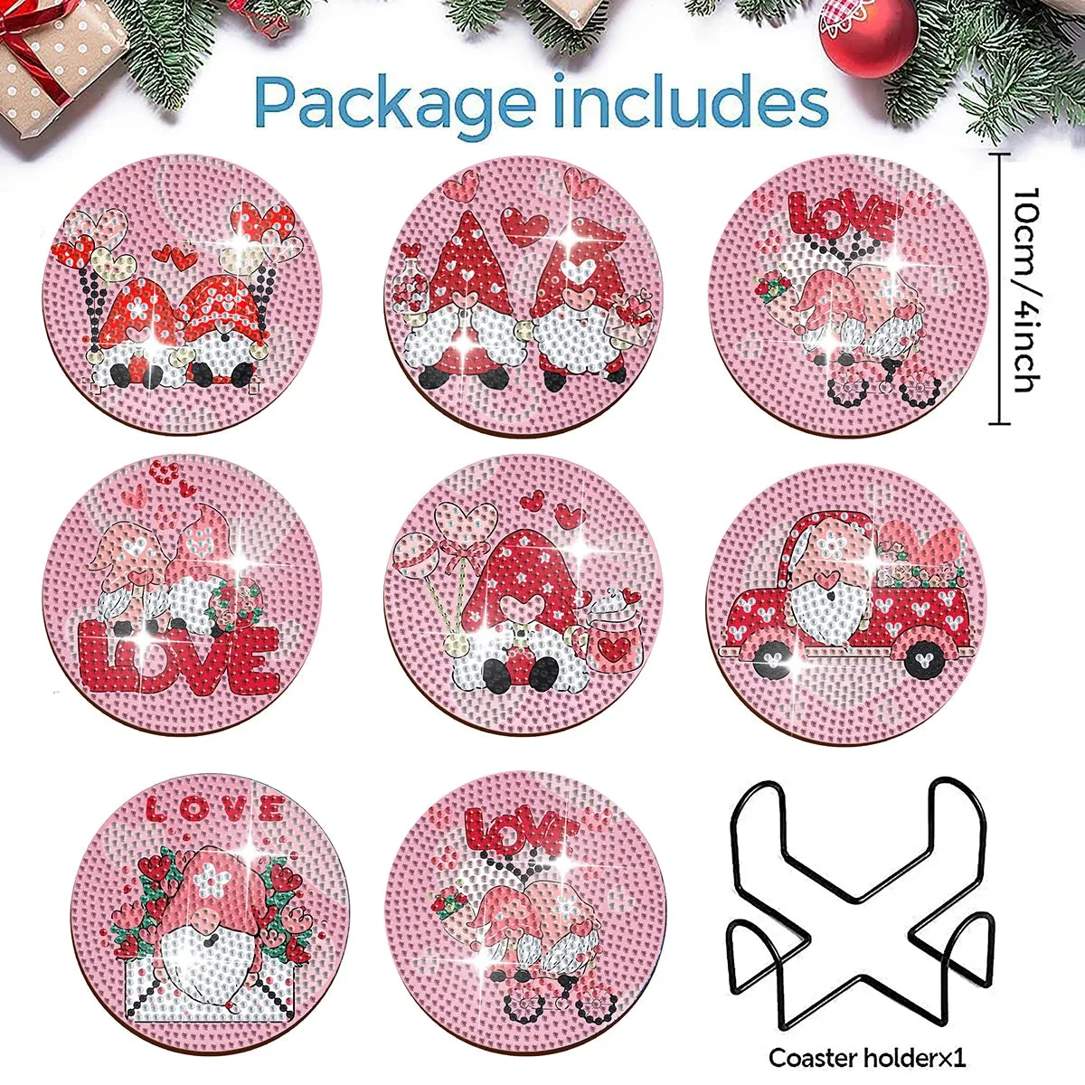 DIY Holiday Diamond Art Coasters, 8 Piece Set With Holder, Valentines Day Designs