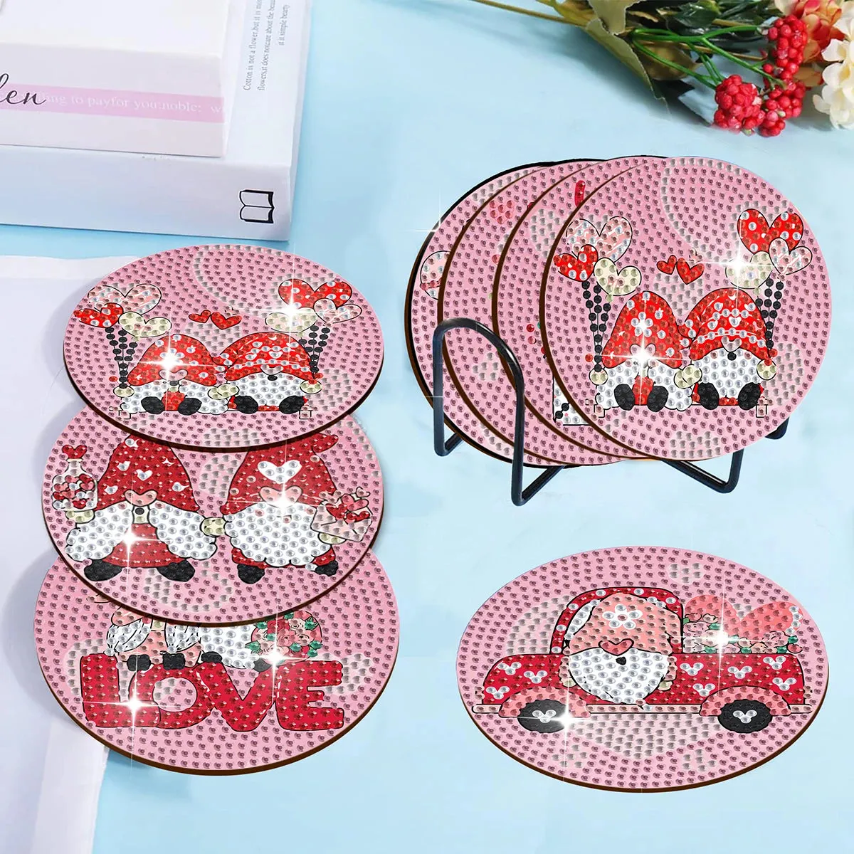 DIY Holiday Diamond Art Coasters, 8 Piece Set With Holder, Valentines Day Designs