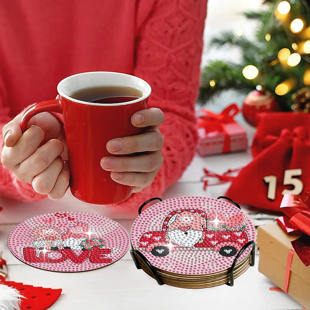 DIY Holiday Diamond Art Coasters, 8 Piece Set With Holder, Valentines Day Designs