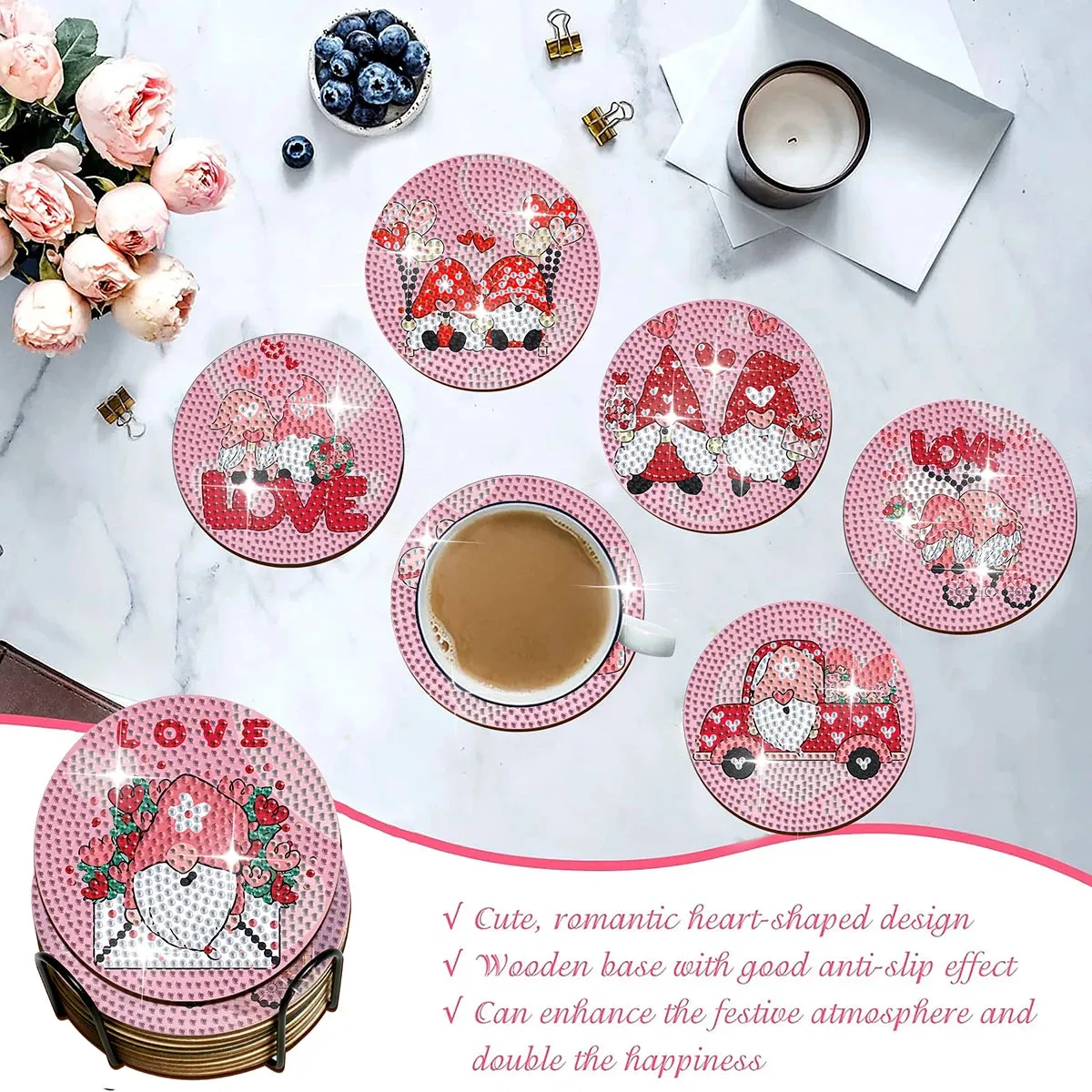 DIY Holiday Diamond Art Coasters, 8 Piece Set With Holder, Valentines Day Designs
