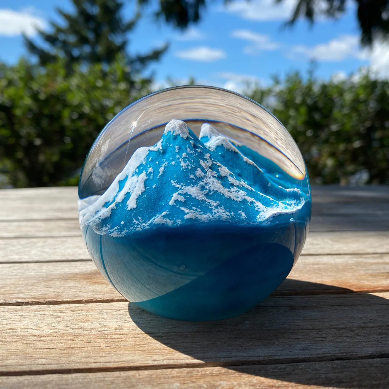 Environmental Mount Rainier Handblown Glass Paperweight by Glass Eye Studio