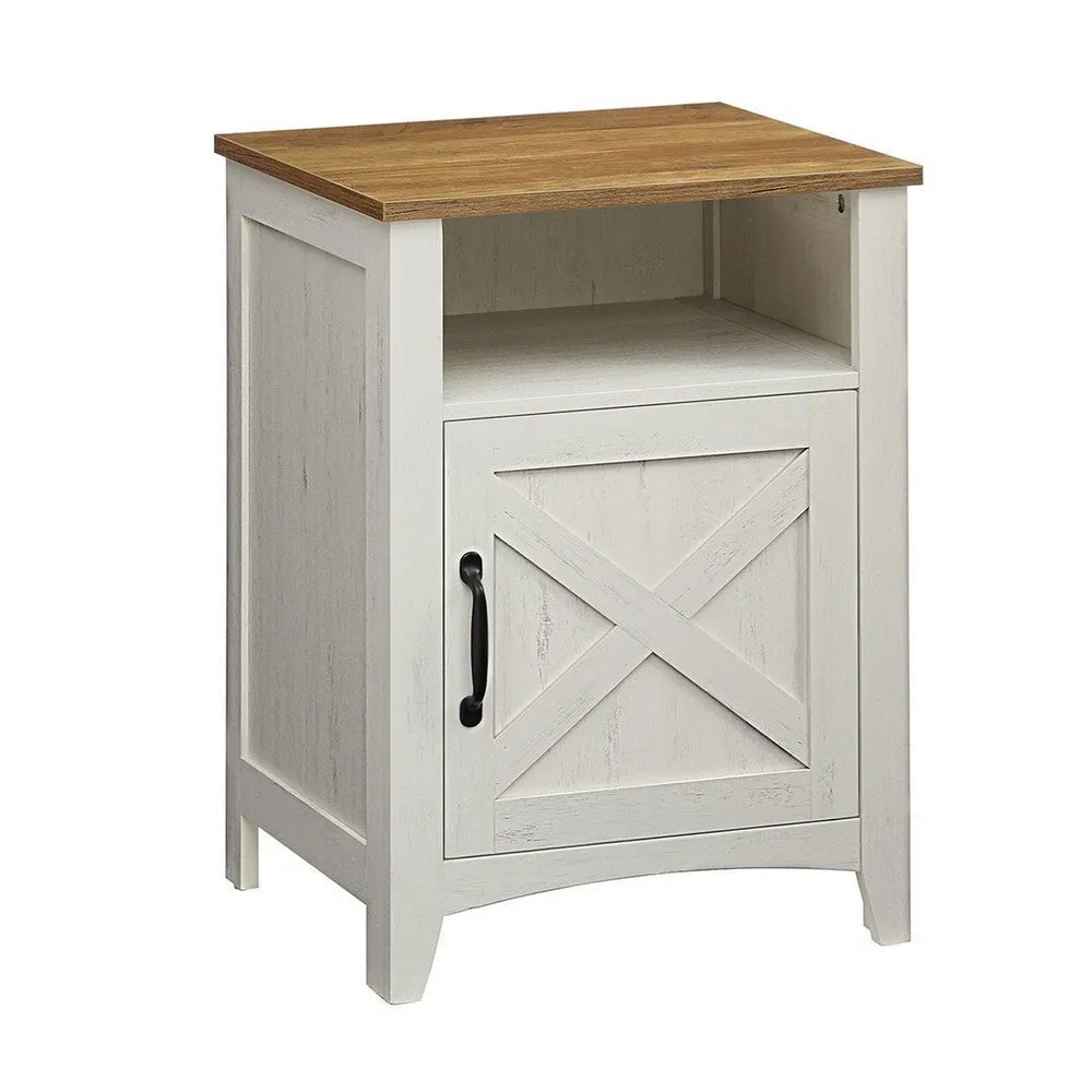 Eva 24 Inch Nightstand, 1 Barn Cabinet, Open Top Shelf, White and Brown By Casagear Home