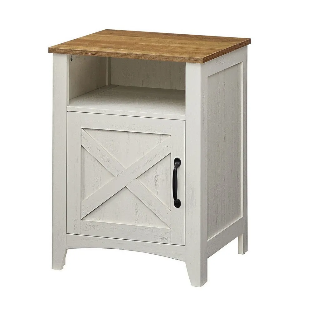 Eva 24 Inch Nightstand, 1 Barn Cabinet, Open Top Shelf, White and Brown By Casagear Home