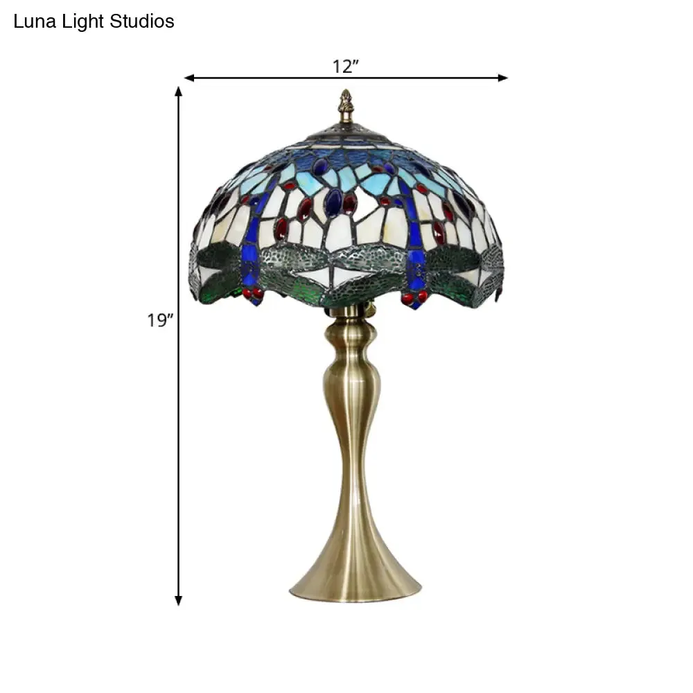 Eva - Blue Blue 1 Head Table Lighting Mediterranean Stained Glass Scalloped Nightstand Lamp with Beaded