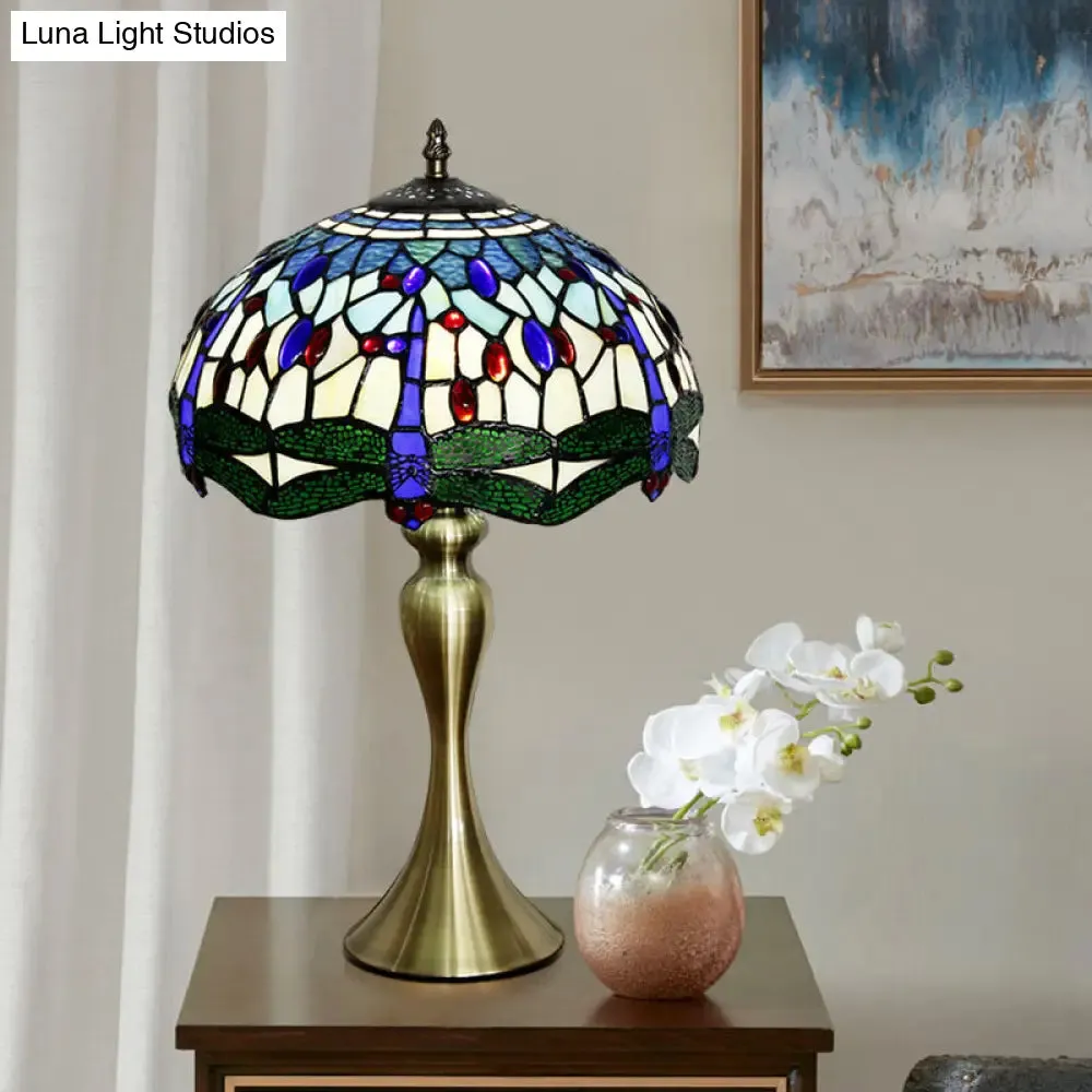 Eva - Blue Blue 1 Head Table Lighting Mediterranean Stained Glass Scalloped Nightstand Lamp with Beaded