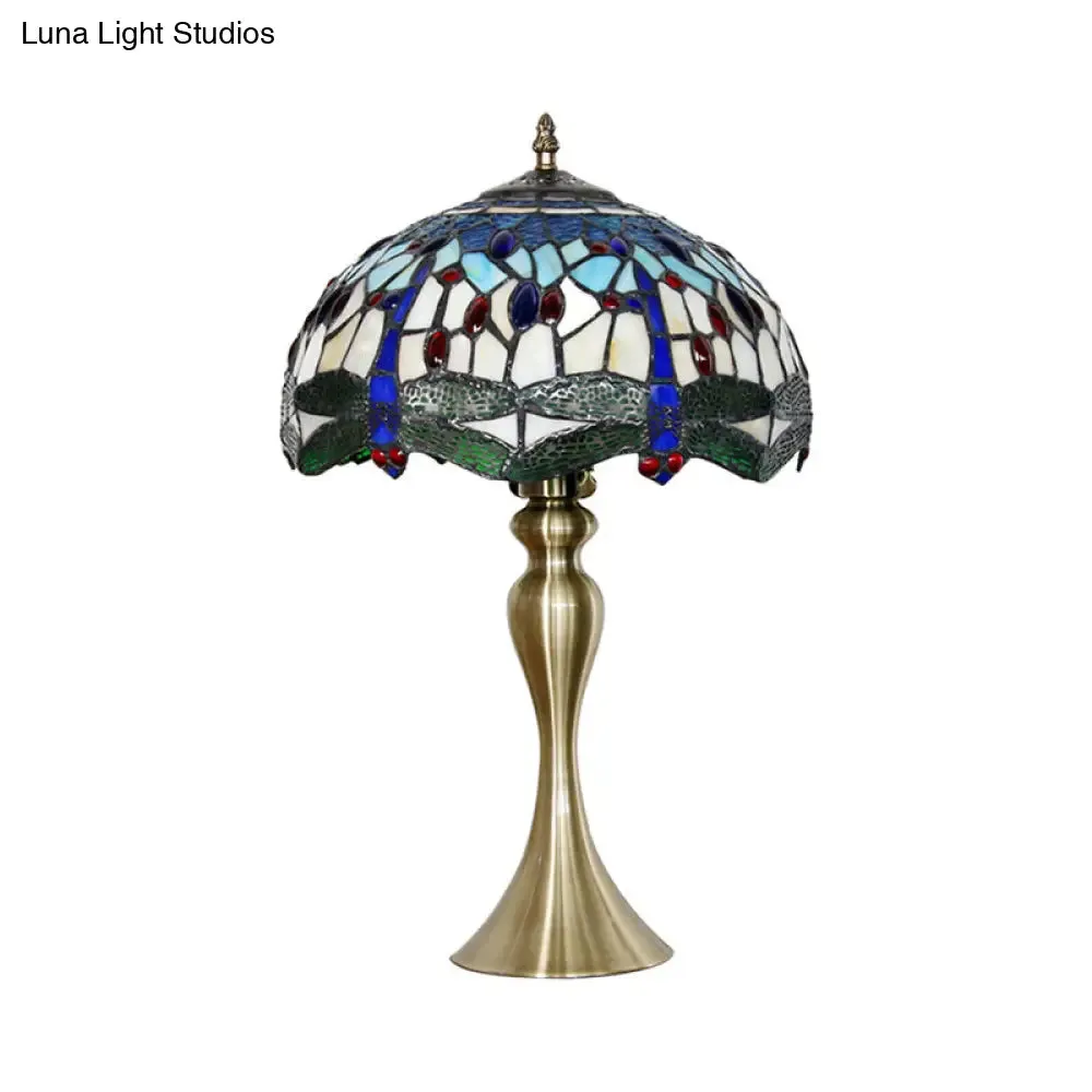 Eva - Blue Blue 1 Head Table Lighting Mediterranean Stained Glass Scalloped Nightstand Lamp with Beaded