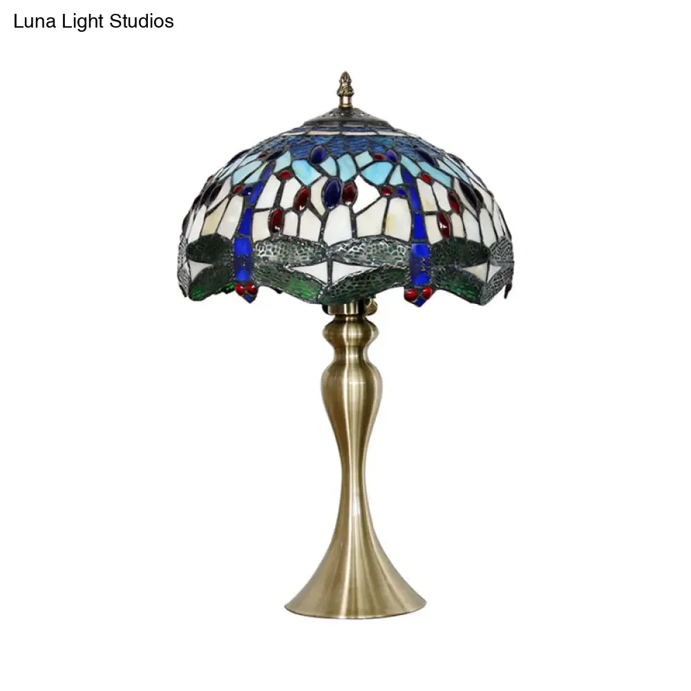 Eva - Blue Blue 1 Head Table Lighting Mediterranean Stained Glass Scalloped Nightstand Lamp with Beaded