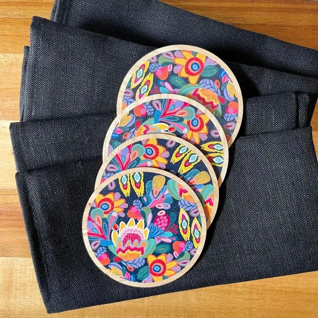 Fantasy Flora Wooden Coasters & Napkin Set