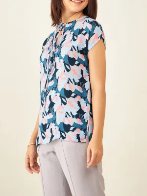 Fitted Floral Print Top With Short Sleeves Blue