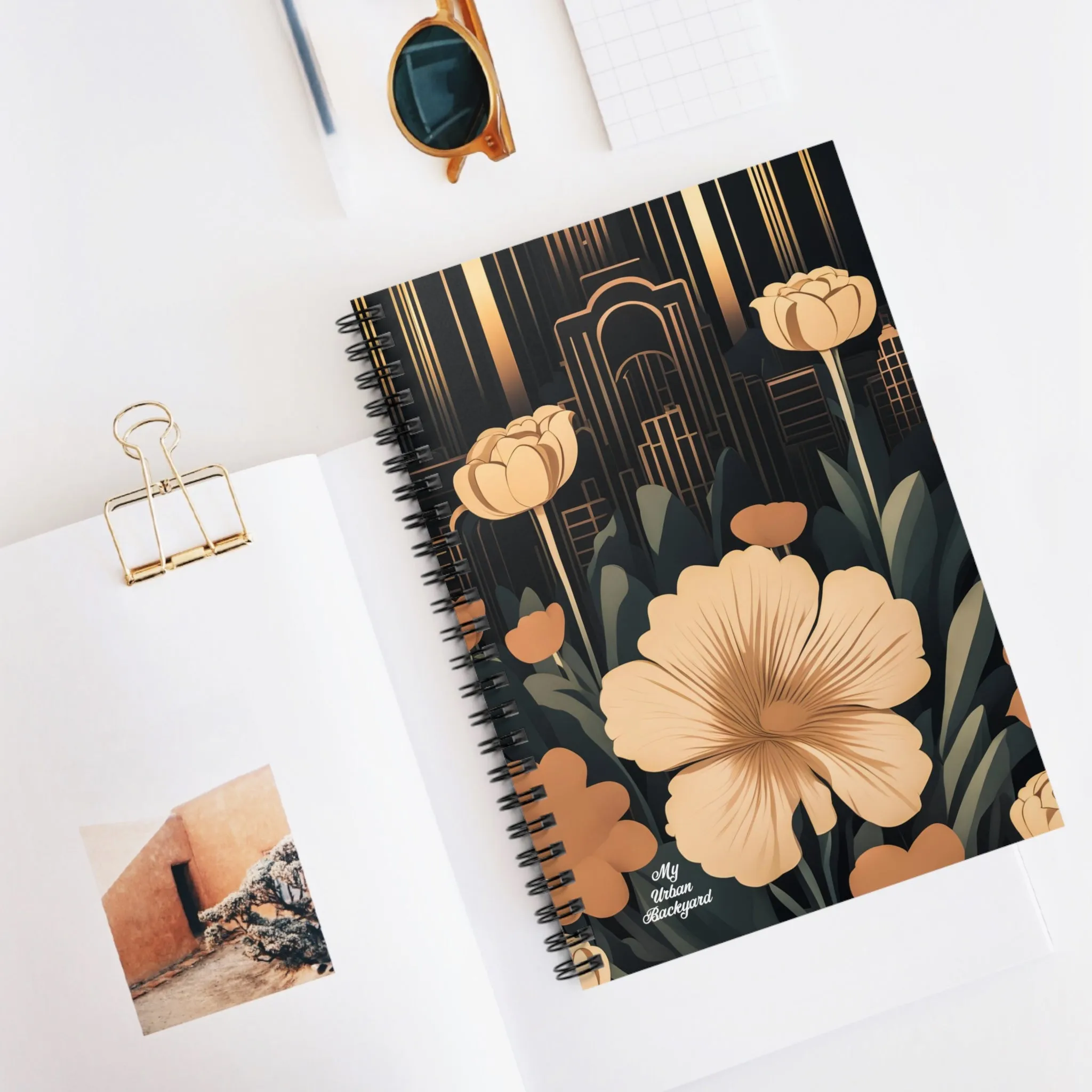 Flowers with Art Deco Building, Spiral Notebook Journal - Write in Style