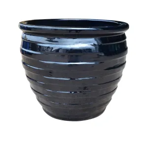 Glossy Black Striped Large Ceramic Plant Pot Set - Indoor & Outdoor Decorative Planters