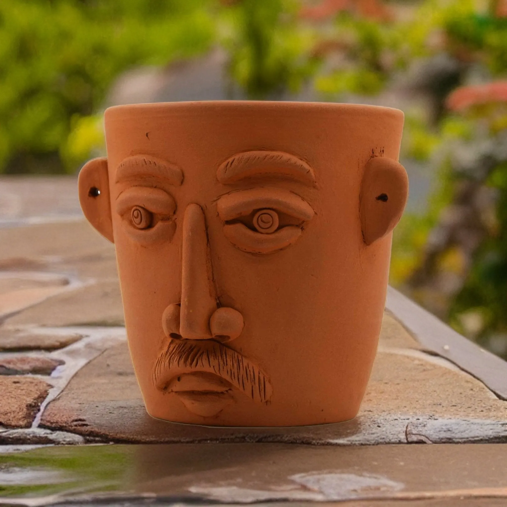 Handmade Terracotta Table Top Planter Face with Moustache