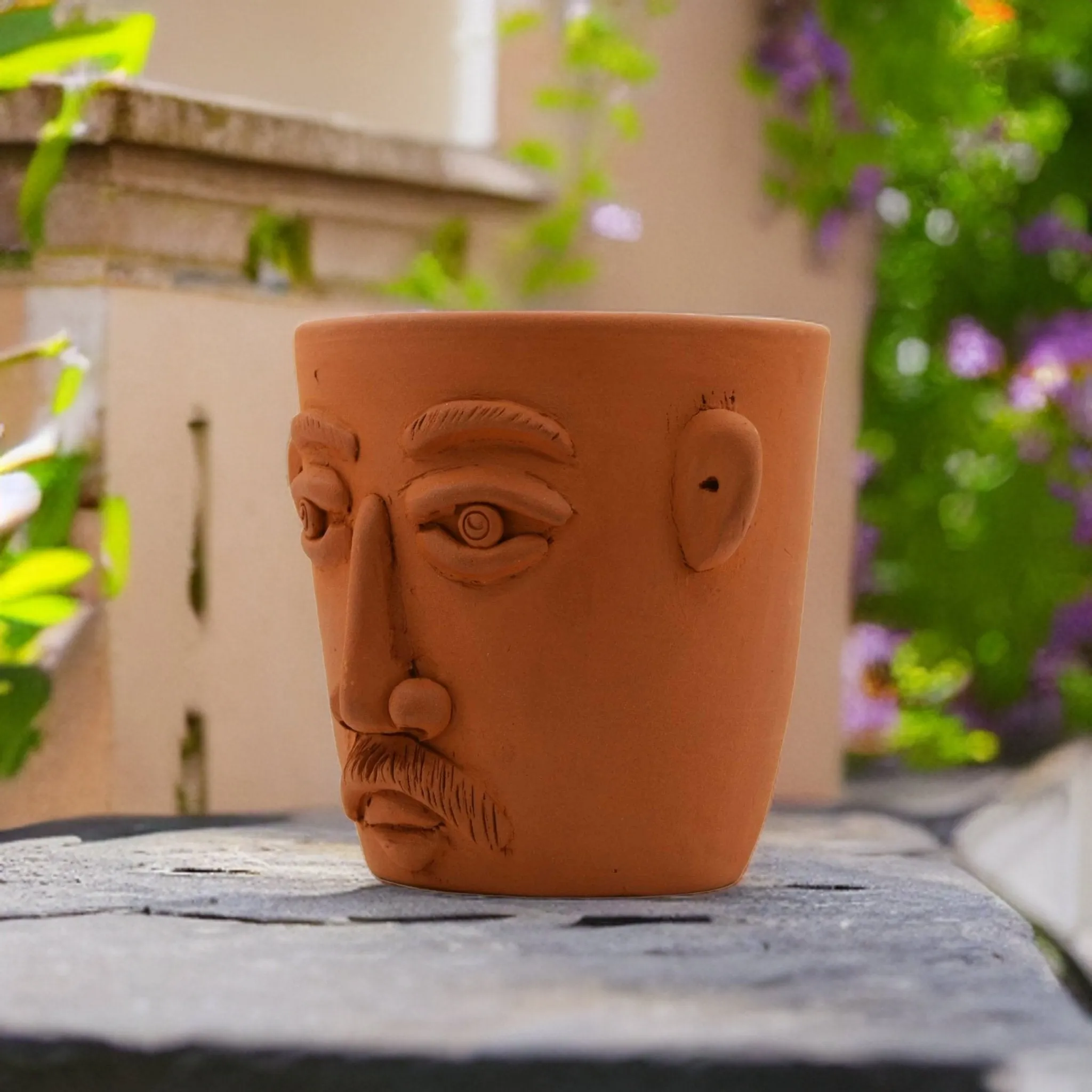 Handmade Terracotta Table Top Planter Face with Moustache
