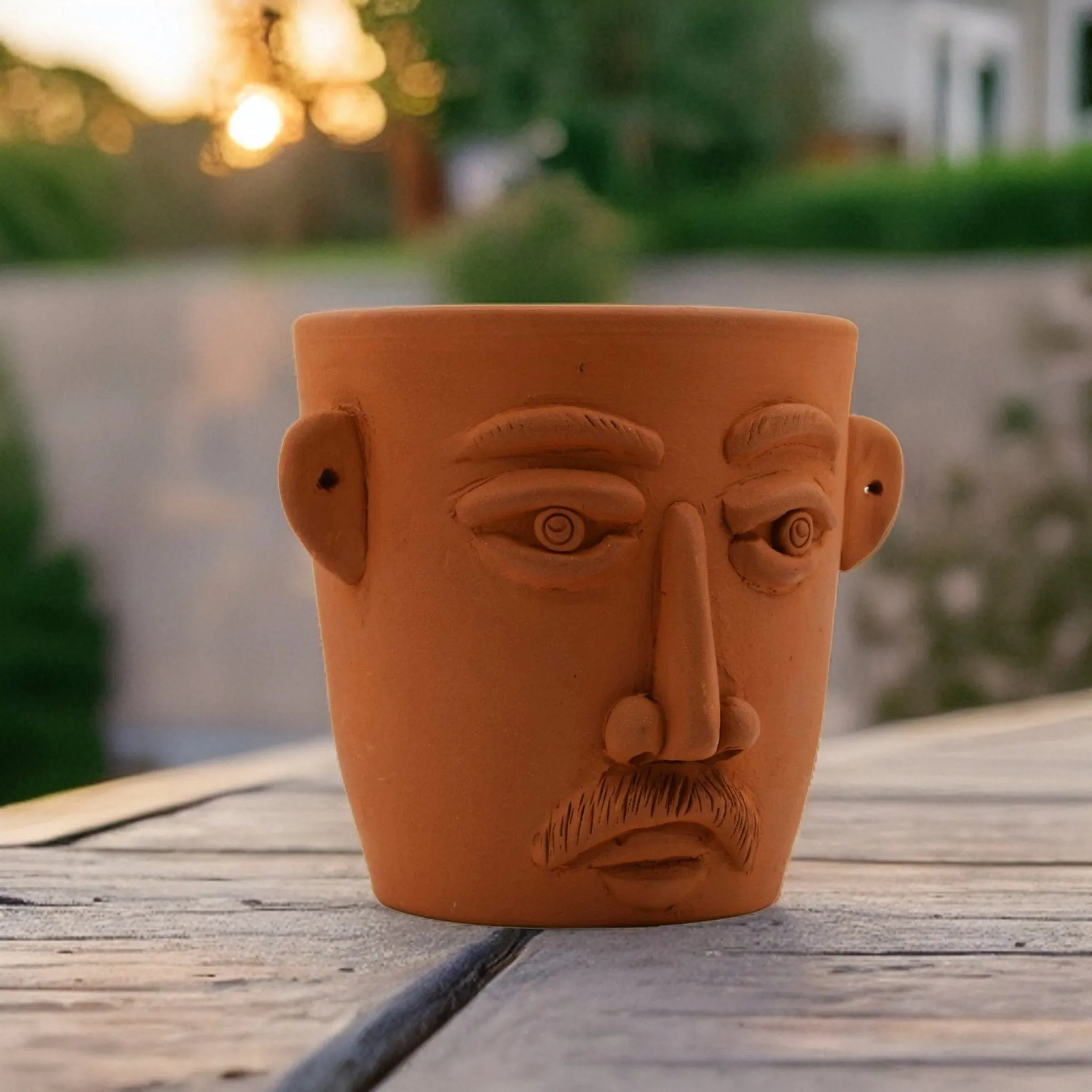 Handmade Terracotta Table Top Planter Face with Moustache