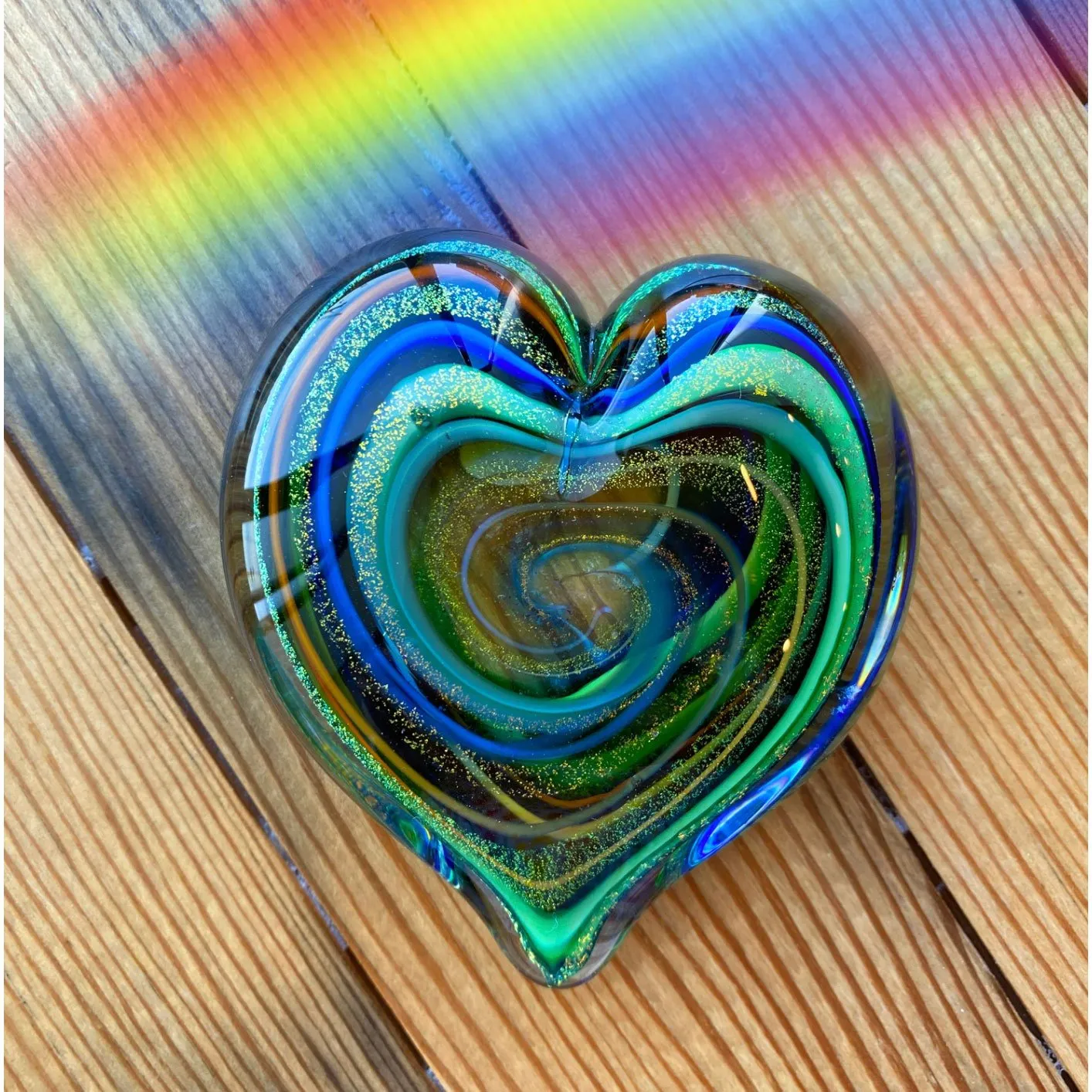 Heart of Fire Paperweight in Golden Rainbow Handblown Glass Paperweight by Glass Eye Studio